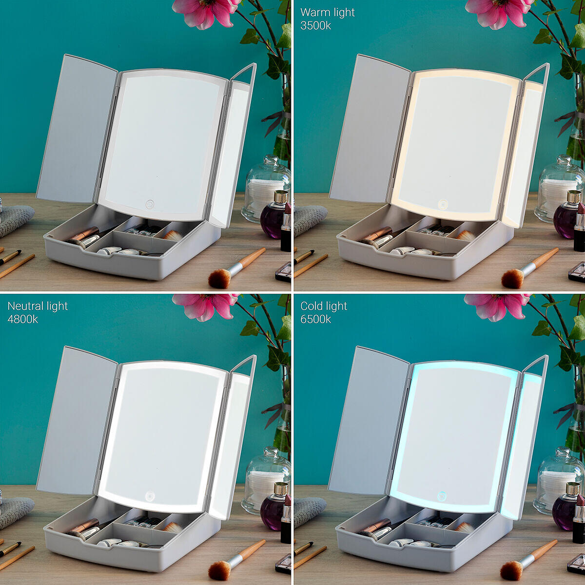 Espejo LED Plegable con Organizador de Maquillaje 3 en 1 Panomir
