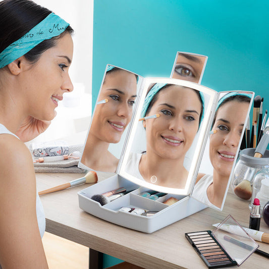 Espejo LED Plegable con Organizador de Maquillaje 3 en 1 Panomir